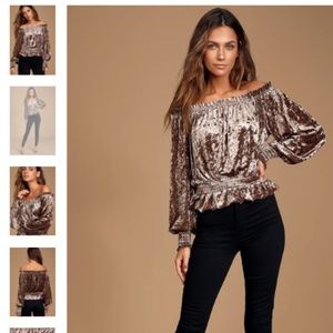 Lulu's Dark Taupe Velvet Off The Shoulder Blouse
